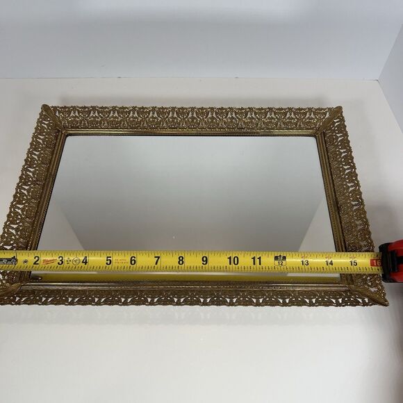Mirrored Vanity Tray For Trinkets, Jewelry & Makeup With Brass Filigree VTG 16" - Picture 8 of 12